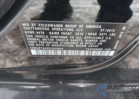 2013 Volkswagen Passat S from USA, damaged, VIN 1VWAP7A32DC003906